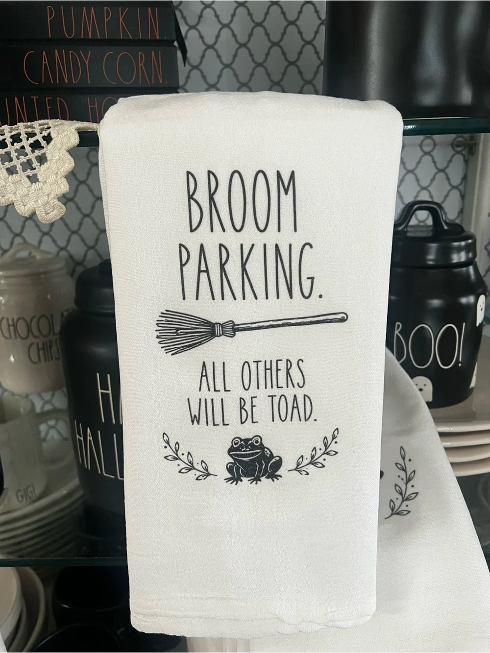 White Halloween 'Broom Parking' Decorative Kitchen Towel